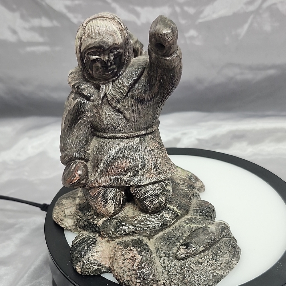 Vintage Inuit Eskimo Carved Stone Sculpture – Mother Fishing with Baby in Amauti